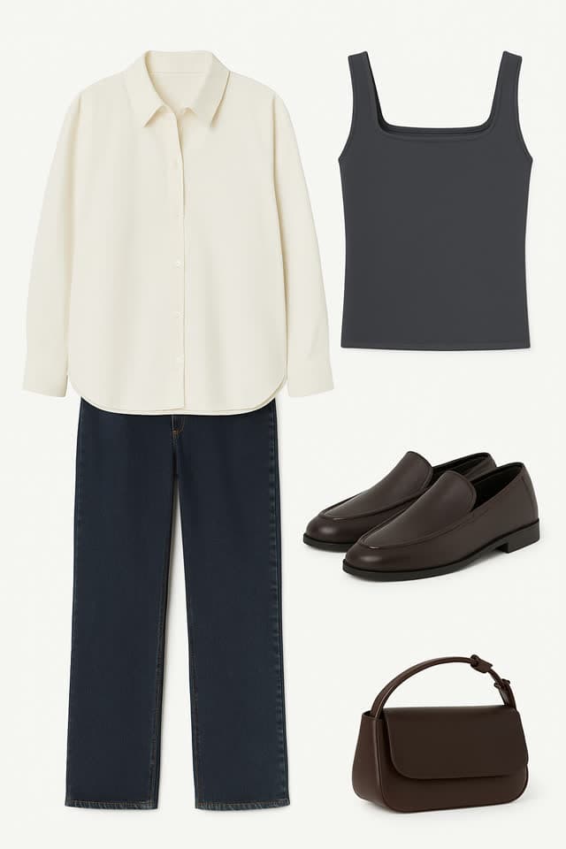 An outfit board: cream shirt, dark straight jeans, brown loafers and a small brown bag