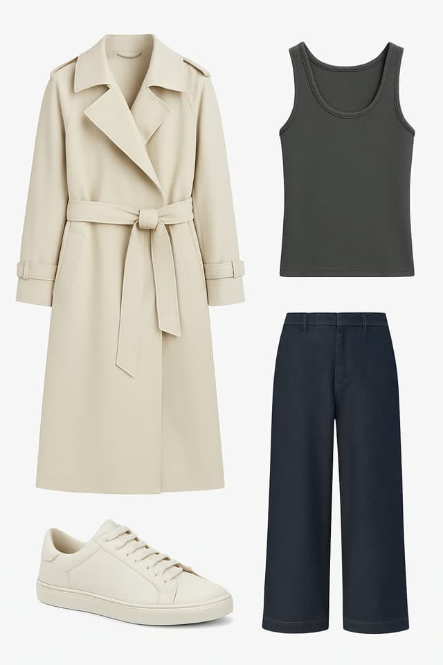 An outfit board: belted cream trench coat, navy wide-leg trousers, white sneakers