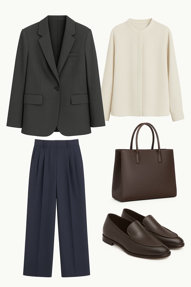 An outfit board: charcoal blazer, cream blouse, navy trousers, brown tote and loafers